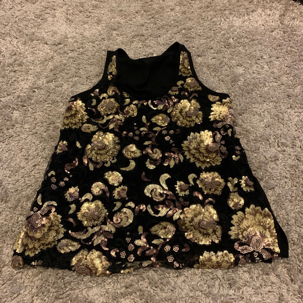 Forever 21- black tank top with gold and metallic rust sequins.